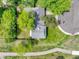 A top-down aerial view shows the house with well maintained roof and lush greenery, near a paved path at 3266 S Wabash Ct, Denver, CO 80231