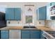 Cozy kitchen featuring blue cabinets, a stainless steel sink, and concrete countertops at 1103 Lipan St, Denver, CO 80204