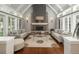 Bright living room features vaulted ceilings, a stone fireplace, and ample seating at 18 Foxtail Cir, Englewood, CO 80113