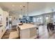 Open-concept kitchen with a large island, pendant lights, stainless steel appliances, and hardwood flooring at 3344 Carabiner St, Castle Rock, CO 80108