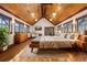 Comfortable bedroom with wood floors, a vaulted ceiling, and lots of natural light at 3999 Evans Ranch Rd, Evergreen, CO 80439
