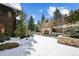 Outdoor stone fireplace in a snowy backyard, perfect for enjoying winter evenings at 3999 Evans Ranch Rd, Evergreen, CO 80439