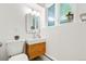 Modern bathroom with a floating wood vanity, mirror, and accent lighting at 1440 S Dahlia St, Denver, CO 80222