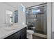 Bathroom features a single sink vanity, a toilet, and a glass-enclosed shower with pebble flooring at 19055 E 55Th Ave, Denver, CO 80249