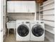 Bright laundry area featuring LG washer and dryer, utility sink, and overhead cabinets at 424 S Leyden St, Denver, CO 80224