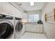 Well-lit laundry room with white cabinets, modern washer and dryer, and a bright window at 1913 Five Iron Dr, Castle Rock, CO 80104