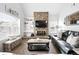 Cozy living room featuring a stone fireplace, built-in shelves, and comfortable leather seating at 13228 E Asbury Dr, Aurora, CO 80014