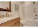 Bathroom boasts a vanity with framed mirror, stylish fixtures, and shower over tub at 10259 Fairgate Way, Highlands Ranch, CO 80126