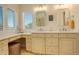 Bright bathroom featuring double vanity, plantation shutters, and makeup vanity at 10259 Fairgate Way, Highlands Ranch, CO 80126
