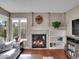 Cozy living room features a fireplace with stone surround, built-in shelves and a wooden clock at 1052 Northampton Ct, Highlands Ranch, CO 80126
