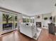 Bright living room features a fireplace, wood floors, and sliding doors to the backyard patio at 1052 Northampton Ct, Highlands Ranch, CO 80126
