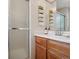 Neutral bathroom with a shower, decorative wall storage, mirror, and a traditional wood vanity at 7049 E Briarwood Cir, Centennial, CO 80112