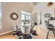 The dining area has large windows, modern decor, and stylish chairs, great for entertaining at 5677 S Park Pl # D310, Greenwood Village, CO 80111