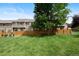 Spacious backyard with lush green lawn and wood fence, backing to neighboring townhomes at 9138 Gale Blvd # 2, Thornton, CO 80260
