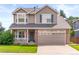 Charming two-story home featuring a well-manicured lawn, brick accents, and an attached two-car garage at 9810 Mulberry Way, Highlands Ranch, CO 80129