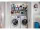 Convenient laundry area with washer, dryer, and storage shelves for organization at 5271 N Mesa Dr, Castle Rock, CO 80108