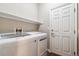 Functional laundry room with appliances, overhead shelving, and a door for easy access at 4935 S Zephyr St, Littleton, CO 80123