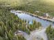 Stunning aerial view of a lakefront property nestled among trees, offering serene waterfront living at 159 Lake Rd, Idaho Springs, CO 80452