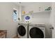 Convenient laundry room area featuring newer appliances and a bright window at 27893 E 6Th Pl, Aurora, CO 80018