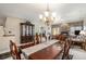 Elegant dining room featuring a wood table with chairs, decorative chandelier, and a stone fireplace at 10000 E Yale Ave # 7, Denver, CO 80231