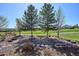 Beautifully landscaped backyard with mature trees, benches, and decorative stone pathways, perfect for relaxation at 23312 E Chestnut Pl, Aurora, CO 80016