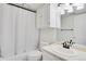 Clean bathroom with a shower-tub combo, toilet, mirror, and vanity offering essential amenities at 4802 E Kentucky Ave # E, Denver, CO 80246