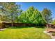 Landscaped backyard with lawn and mature trees at 10141 Brady Pl, Highlands Ranch, CO 80130