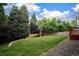Large backyard with lush green lawn, mature trees, and wooden perimeter fencing at 517 Sylvestor Trl, Highlands Ranch, CO 80129