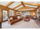 Inviting living room with brick fireplace, wood paneling, and leather furniture at 5106 S Kenton Way, Greenwood Village, CO 80111