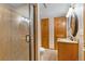 Neutral bathroom with a tiled shower and wood vanity at 9983 Cottoncreek Dr, Highlands Ranch, CO 80130