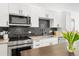 This modern kitchen features stainless steel appliances and a sleek black backsplash at 2851 W 52Nd Ave # 404, Denver, CO 80221