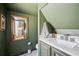 Powder room with green paint, wood trimmed mirror and a view into the kitchen at 1519 E 29Th Ave, Denver, CO 80205