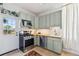 Modern kitchen featuring stainless steel appliances, light green cabinets and butcher block countertops at 1519 E 29Th Ave, Denver, CO 80205