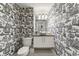 Charming powder room featuring unique wallpaper, modern vanity, vessel sink, and decorative lighting at 2001 Lincoln St # 2524, Denver, CO 80202