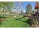 A well-manicured backyard featuring lush green grass, mature trees, and access to a deck, creating a private outdoor oasis at 4059 Nevis St, Boulder, CO 80301