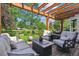 Inviting backyard seating area featuring comfortable furniture, a pergola, and a view of the well-manicured lawn at 4059 Nevis St, Boulder, CO 80301