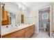 Well-lit bathroom featuring double sinks, wood cabinets, and a large mirror at 4059 Nevis St, Boulder, CO 80301