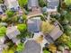 Overhead shot of a backyard featuring landscaped gardens, mature trees and a patio at 7411 S Crescent Ct, Littleton, CO 80120