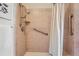 Convenient shower with accessible grab bars, handheld shower head, and neutral tiling at 2288 S Depew St, Lakewood, CO 80227
