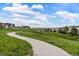 Picturesque view of a concrete walking path surrounded by green grass and neighborhood homes in the distance at 12996 Banyon Cir, Parker, CO 80134