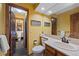 Bathroom featuring a toilet and single sink vanity with a framed mirror at 9 Red Fox Ln, Littleton, CO 80127