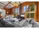Spacious living room with vaulted ceilings, wood paneling, and large windows for natural light at 9 Red Fox Ln, Littleton, CO 80127