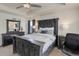 The primary bedroom has a rustic gray bed frame and dresser for extra storage space at 1246 Blackhaw St, Elizabeth, CO 80107