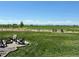 Grassy back yard featuring a fire pit and amazing mountain views, offering a tranquil and inviting outdoor space at 10691 County Road 23, Fort Lupton, CO 80621