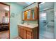 Bathroom featuring a wooden vanity, mirrored cabinet, skylight, and a glass enclosed shower with a safety bar at 335 Jefferson St, Monument, CO 80132