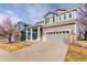 Two-story home with a covered front porch, attached garage, and neat landscaping in a residential area at 3525 E 139Th Pl, Thornton, CO 80602