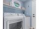 A well-lit laundry room with modern LG washer and dryer, and shelving for supplies at 3525 E 139Th Pl, Thornton, CO 80602