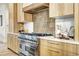 Close-up of kitchen details with stainless steel oven and cooktop, and stylish backsplash at 4401 S Clarkson St, Englewood, CO 80113