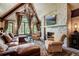 Comfortable living room with a stone fireplace, vaulted ceilings and a large window with scenic views at 327 Peerless Dr, Breckenridge, CO 80424