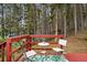 Outdoor patio surrounded by trees, featuring a red railing, and outdoor table and chairs at 154 Apache Rd, Evergreen, CO 80439